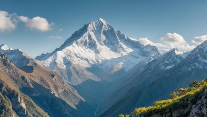 Wall Mural - Majestic snow-capped mountain peak overlooking a deep valley with rocky slopes and clear blue sky Copy Space