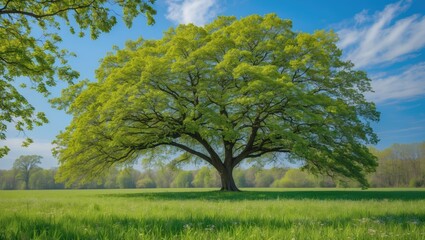 Wall Mural - large green leafy tree in a grassy field under a blue sky with clouds natural landscape scenery copy