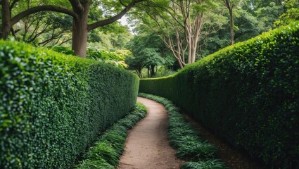 Wall Mural - Lush green hedge maze pathway with well-trimmed hedges and gentle curves leading through a serene garden setting nature scene Copy Space