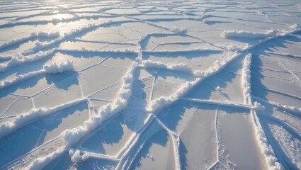 Wall Mural - Ice surface with intricate patterns and snow drifts under soft sunlight, cold winter landscape, outdoor scenic view, Copy Space