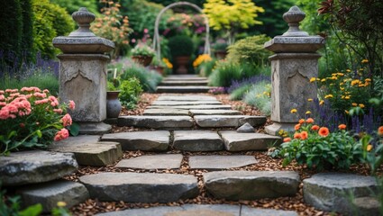 Wall Mural - Stone pathway in a vibrant garden with flowers and ornamental pillars lush greenery and decorative archway in the background Copy Space