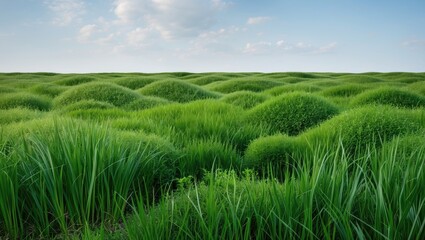 Wall Mural - Lush green grass landscape with rolling hills under a blue sky with clouds Copy Space