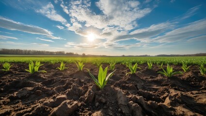 Wall Mural - Sunrise over green sprouting plants in farm field with rich soil and clear sky with clouds Copy Space