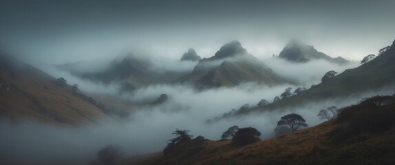 Wall Mural - misty mountain landscape with fog rolling over hills and silhouettes of trees in the foreground at d