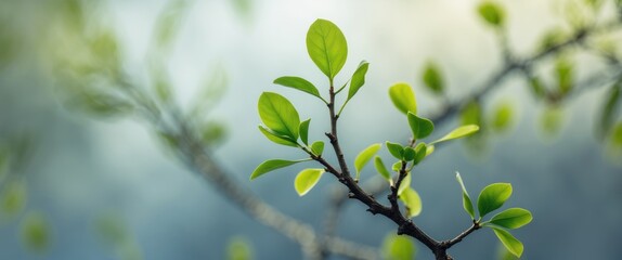 Wall Mural - close-up of fresh green leaves on a branch with blurred background and natural light copy space