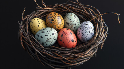 Wall Mural - Colorful speckled eggs nestled in a rustic nest celebrate Easter Sunday joy and renewal