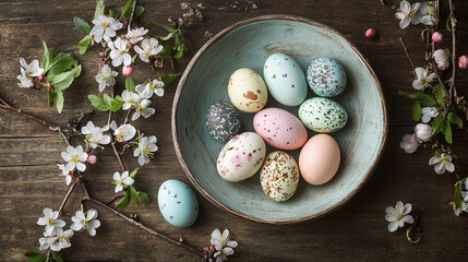 Wall Mural - Celebrate Easter Sunday with beautifully decorated eggs arranged in a rustic bowl surrounded by delicate spring blossoms