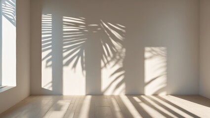 Sticker - Shadows of palm leaves on a white wall in a minimalist interior room with wooden floor and ample natural light