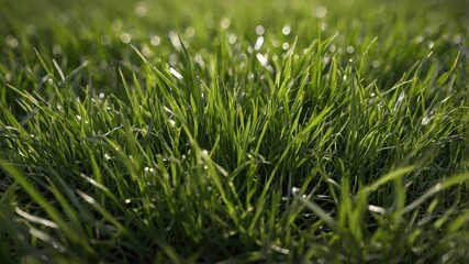 Wall Mural - close-up of vibrant green grass blades with dew droplets glistening in soft natural light copy space