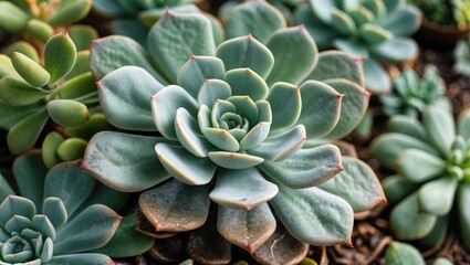 Wall Mural - close-up of succulent plants showcasing various shapes and colors with focus on prominent rosette fo