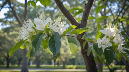 Wall Mural - branch of blooming white flowers with green leaves in a park setting with blurred trees background a
