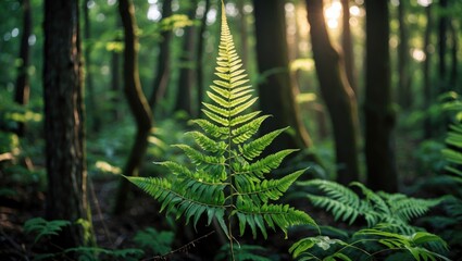 Wall Mural - fern plant in lush green forest with soft sunlight filtering through trees in background copy space