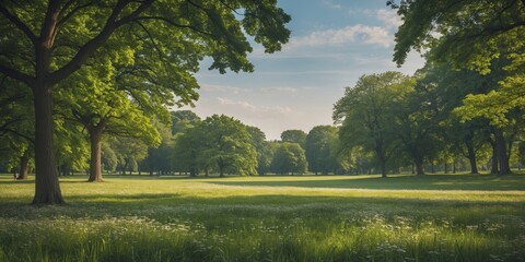 Wall Mural - Lush green meadow with tall trees under a clear sky in a tranquil park setting with copy space for text inclusion