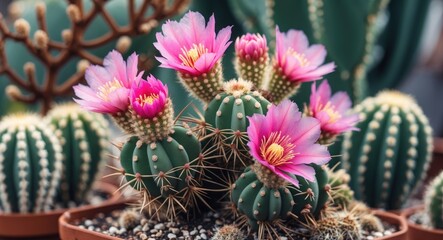 Sticker - Cactus plants with vibrant pink flowers in clay pots on a blurred green background Copy Space