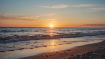 Wall Mural - sunset over calm ocean waves reflecting warm colors on sandy beach with clear sky and clouds, copy s