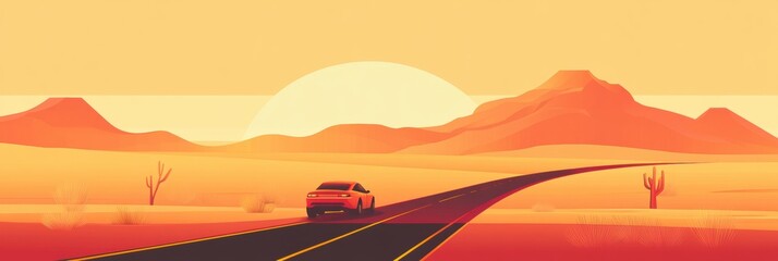 Poster - Driving along a warm desert road with distant mountains and a glowing sunset backdrop. Generative AI