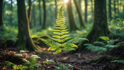 Wall Mural - lone fern plant in a lush forest with soft sunlight filtering through trees creating a tranquil atmo