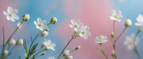 Wall Mural - delicate white wildflowers with soft bokeh background in pastel pink and blue hues with copy space f