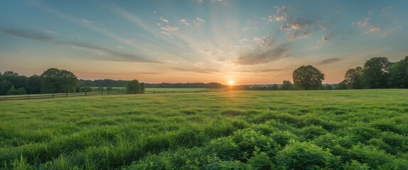Wall Mural - panoramic view of lush green grass field during sunrise with rays of light and scattered clouds in t