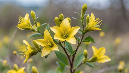 Wall Mural - close-up of vibrant yellow flowers with green leaves against a soft background blurred for depth wit