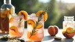 © MetaPixel - Fresh peach cocktails with rosemary garnishes served in clear glasses on a wooden table with fresh peaches in the background Copy Space