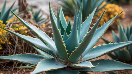 Wall Mural - succulent plant with sharp blue-green leaves and yellow tips in a garden setting with blurred backgr