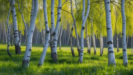 Poster - Birch trees with vibrant green foliage in a grassy field during spring, natural landscape with sunlight filtering through branches, Copy Space