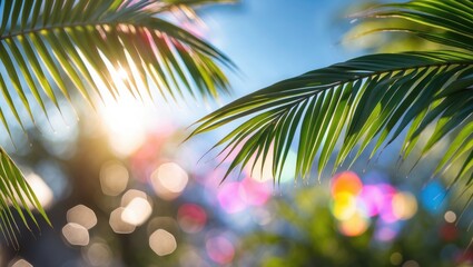 Wall Mural - close-up of palm leaves with blurred colorful bokeh background and sunlight creating natural atmosph