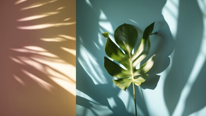 Wall Mural - Monstera leaf casting shadows on pastel colored wall with copy space for text design. Natural light and interior decor concept.