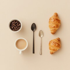Aufkleber - Morning coffee and croissants flat lay with coffee beans and spoons presented on a light background. Generative AI
