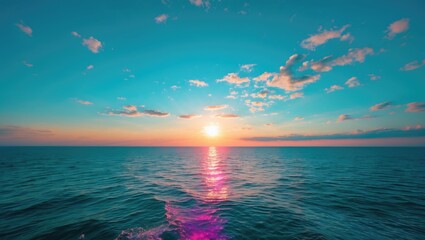 Wall Mural - vibrant sunset over calm ocean waters with colorful sky and scattered clouds reflecting light on the
