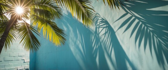 Canvas Print - Palm leaves casting shadows on a turquoise wall with sunlight shining through the foliage Copy Space