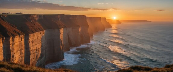 Wall Mural - coastal cliffs at sunset with golden light reflecting on ocean waves and clear sky in the background