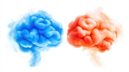 The image shows two colorful clouds, one blue and one red, resembling abstract brain shapes, symbolizing creativity and thought.