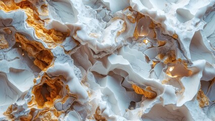 Sticker - Abstract textured background of white and gold mineral formations with intricate layers and patterns suitable for various design uses Copy Space