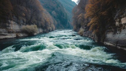 Wall Mural - Mountain river with turbulent waters surrounded by autumn foliage and steep rocky banks, natural landscape with copy space for text