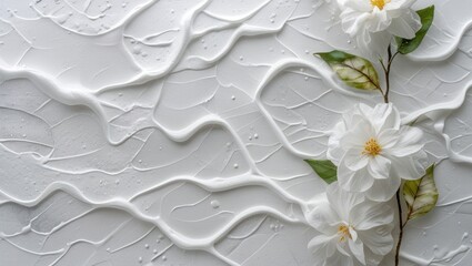 Sticker - White textured background with flowing patterns and white flowers positioned on the side, suitable for design projects, Copy Space available.