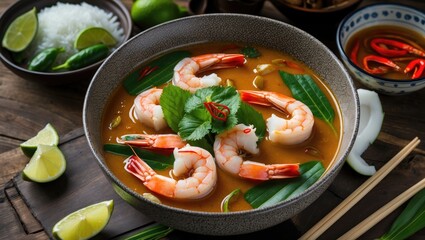 Sticker - Delicious shrimp soup with fresh herbs and lime served in a bowl on wooden table with rice and lime wedges Copy Space