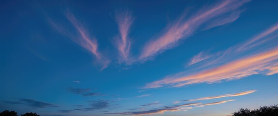 Sticker - Vibrant sunset sky with wispy clouds and blue background showcasing colorful hues and natural patterns at dusk Copy Space