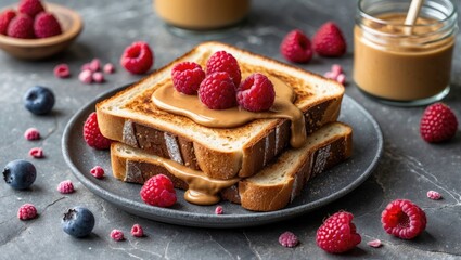 Canvas Print - Sliced bread with peanut butter topped with fresh raspberries and blueberries on a dark plate with fruit scattered around, Copy Space