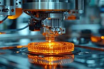 Fototapete - Industrial laser engraving machine working with transparent glass material in a factory