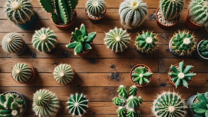 Sticker - Variety of Cacti and Succulents in Decorative Pots on Wooden Table Surface with Copy Space