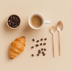 Aufkleber - Coffee and croissant flat lay with wooden spoons and coffee beans on a beige background for a cozy breakfast setup. Generative AI