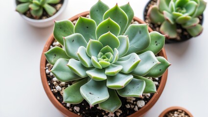 Canvas Print - Succulent plant arrangement in clay pot on white background with additional small succulent in background, Copy Space