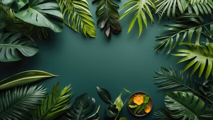 Sticker - Tropical green leaves framing a dark green background with a bowl of citrus fruits and herbs in the center Copy Space