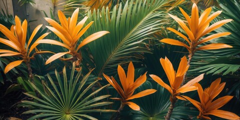 Canvas Print - Tropical foliage with vibrant orange flowers and green palm leaves in a lush garden setting suitable for background or textile design Copy Space