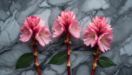 Wall Mural - Three pink flowers arranged on a marble surface with green leaves providing contrast and texture for potential text placement