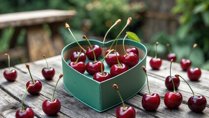 Canvas Print - Fresh cherries in heart-shaped container surrounded by scattered cherries on rustic wooden table outdoors. Copy Space.