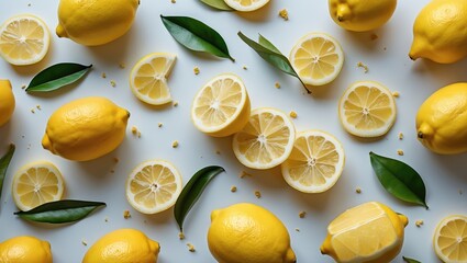 Sticker - Fresh whole and sliced lemons with green leaves on white background High angle view Copy Space