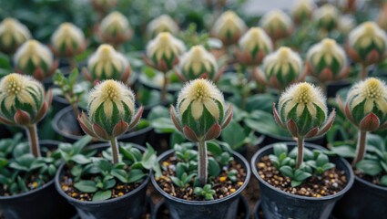 Canvas Print - Succulent plants with distinctive round shapes in black pots arranged in a greenhouse setting with lush green foliage in the background Copy Space